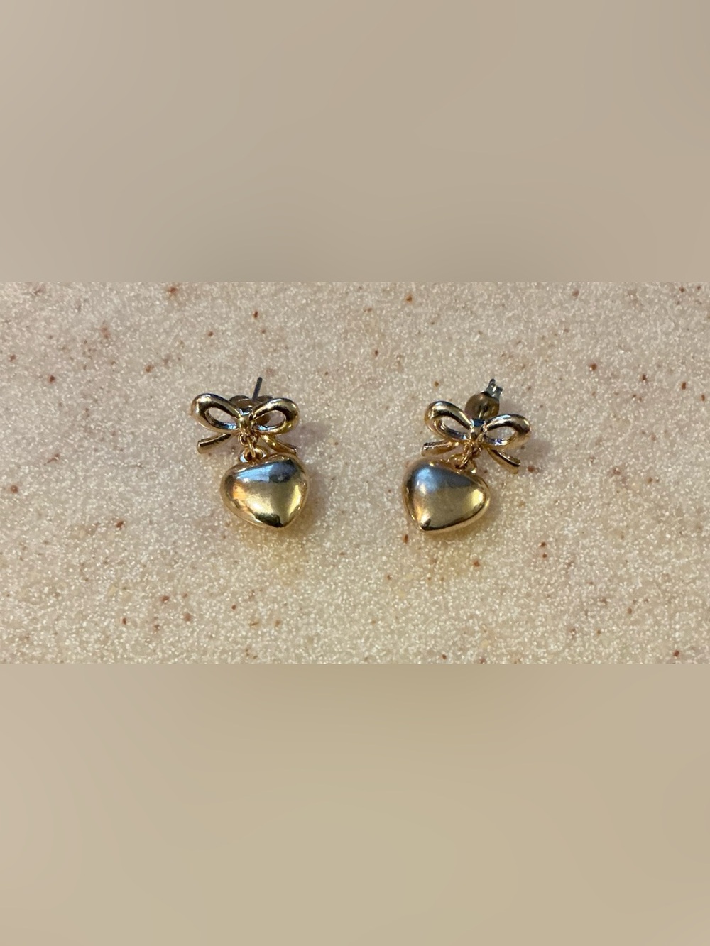 Gold Bow and Heart Drop Stud Earrings - Classic Gold Tone